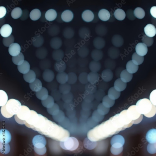 Abstract light pattern, symmetrical bokeh, tunnel vision, converging lines, blue and white lights, blurred focus, depth perception, futuristic ambiance, dark background, geometric composition, illumin photo