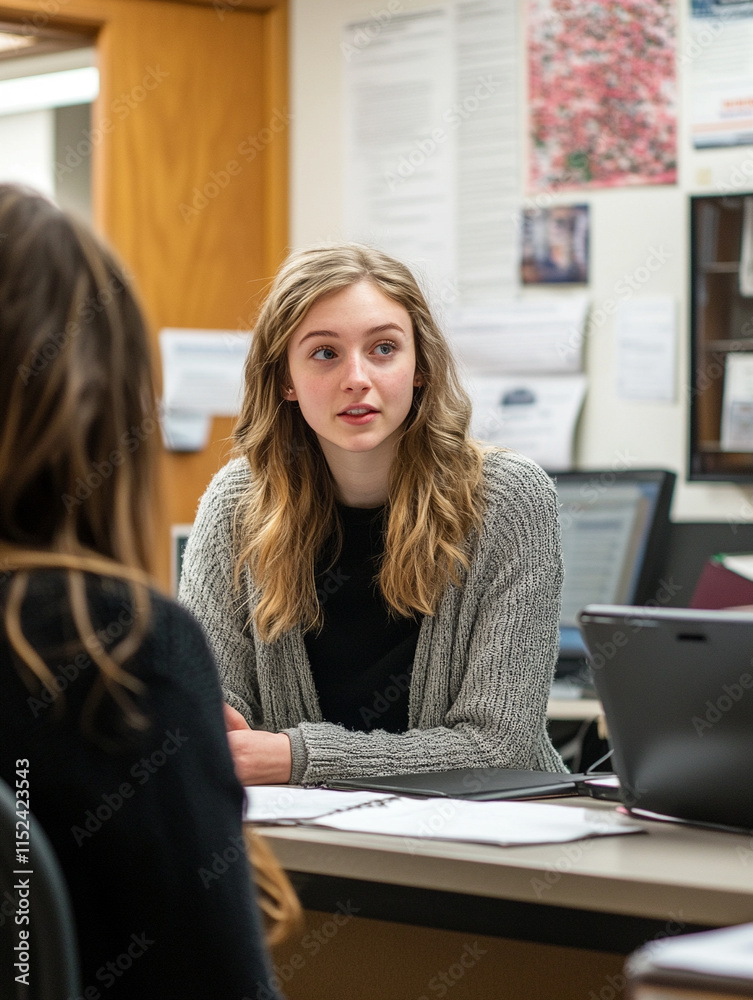 Young woman engages in discussion at a desk in office Young woman engages in discussion at a desk in office