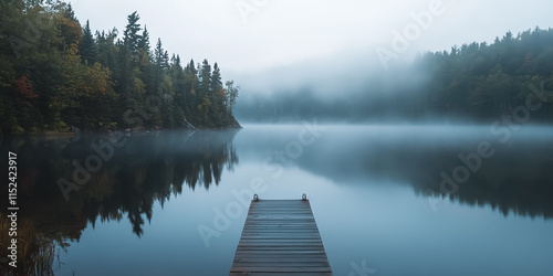 A foggy morning by a calm lake with a wooden pier leading into the water.


