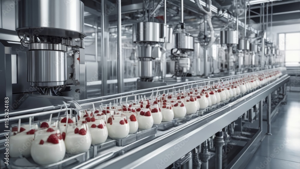 Fototapeta premium Factory production line of natural yoghurts, large steel tanks and equipment in empty space with no people.