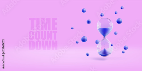 Time count down. Hourglass banner template on pink background. Sandglass with blue sand and fluid round shape particles flow around. Game 3d concept. Hour budget countdown. Abstract realistic render
