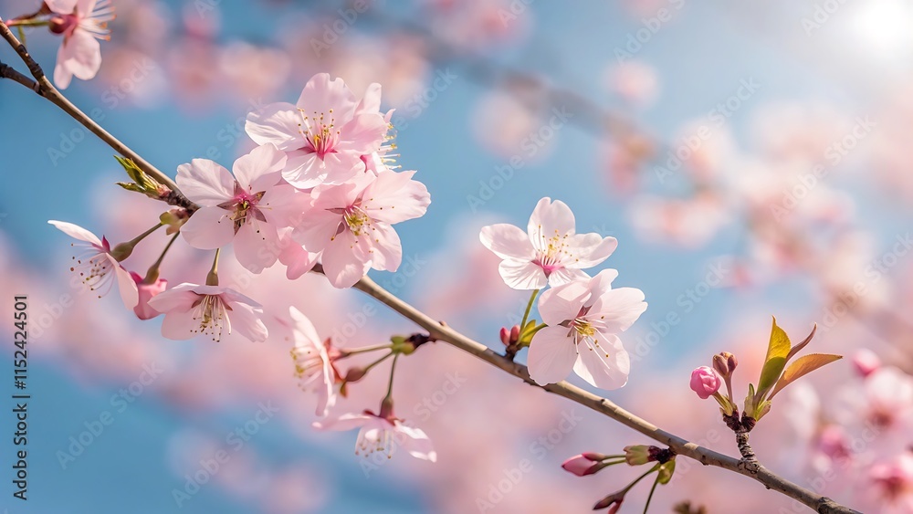 Delicate Cherry Blossoms in Full Bloom Against a Clear Blue Sky, Celebrating the Arrival of Spring's Elegance and Beauty Delicate Cherry Blossoms in Full Bloom Against a Clear Blue Sky, Celebrating the Arrival of Spring's Elegance and Beauty