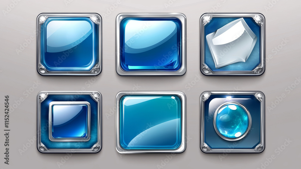 Blue buttons with silver decorative frames for rpg game interface. Vector cartoon set of square award badges, glossy achievement labels with fantasy metal borders isolated on background Blue buttons with silver decorative frames for rpg game interface. Vector cartoon set of square award badges, glossy achievement labels with fantasy metal borders isolated on background