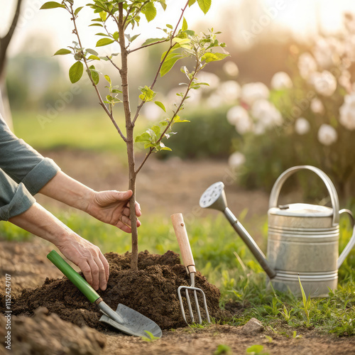 Une main qui plante un jeune arbre avec des outils de jardinage à côté. photo