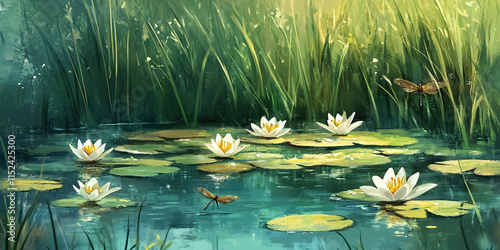 A serene pond with water lilies and dragonflies, surrounded by tall grass.


