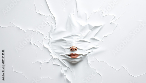 An abstract painting portraying a face emerging forcefully from a seamless white background, entirely concealed yet visibly contoured beneath the surface, suffocation, struggle, tension, creases photo