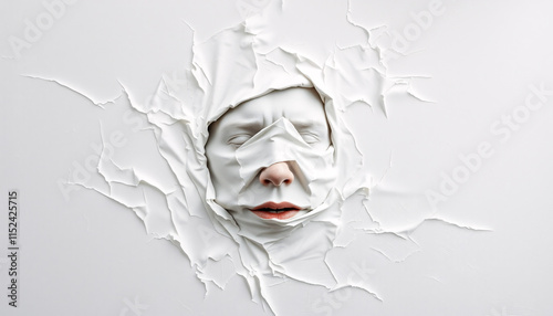 An abstract painting portraying a face emerging forcefully from a seamless white background, entirely concealed yet visibly contoured beneath the surface, suffocation, struggle, tension, creases photo