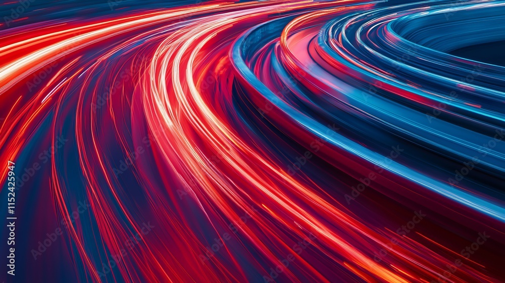 Light trails left by race cars illuminate the curves of the circuit during the 24-hour endurance race, creating a vibrant canvas of red and blue hues. Light trails left by race cars illuminate the curves of the circuit during the 24-hour endurance race, creating a vibrant canvas of red and blue hues.