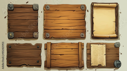 Game ui menu interface, scrolls and antique parchments on blue wooden boards. Cartoon wood textured planks, gui graphic elements. User panel with settings, options or adventure isolated 2d vector set photo