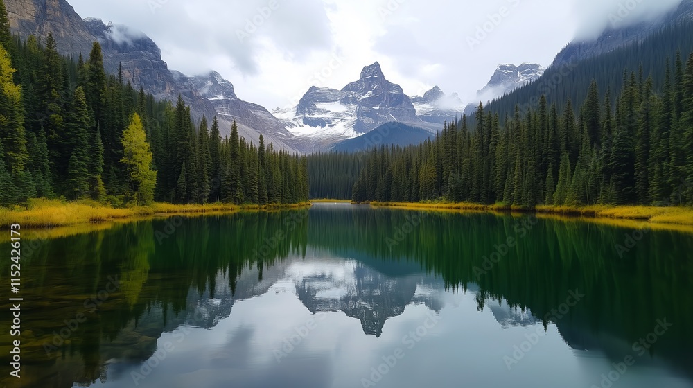 Tall mountains rise majestically in the background, their peaks capped with snow. A serene lake mirrors the landscape, bordered by dense coniferous trees and patches of golden foliage. Tall mountains rise majestically in the background, their peaks capped with snow. A serene lake mirrors the landscape, bordered by dense coniferous trees and patches of golden foliage.