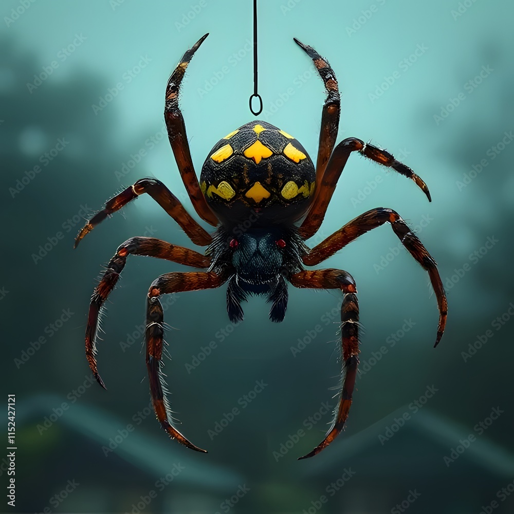 Fototapeta premium Vibrant spider with yellow patterns dangling from web in misty outdoor setting