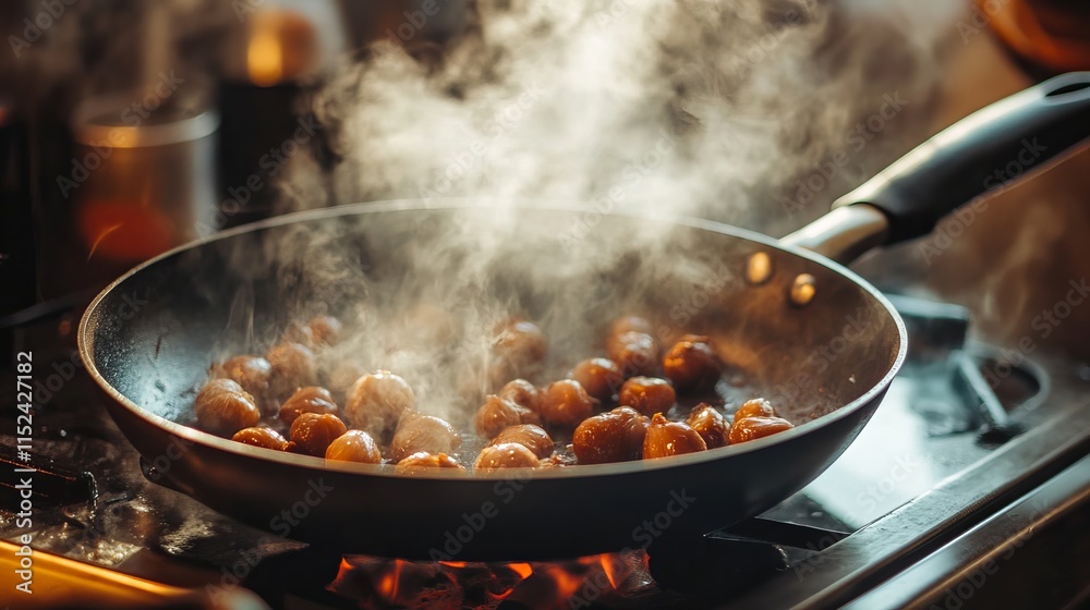 Roasted chestnuts, a delectable treat, sizzle in a pan, their aroma tantalizing the senses. Roasted chestnuts, a delectable treat, sizzle in a pan, their aroma tantalizing the senses.