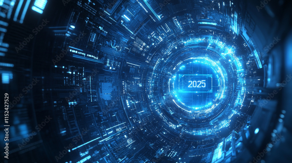 2025 technology blue background. A circuit board in navy blue tech bg. New Year digital banner in futuristic computer style. AI chip and circuit, or semiconductor concept. Abstract vector illustration 2025 technology blue background. A circuit board in navy blue tech bg. New Year digital banner in futuristic computer style. AI chip and circuit, or semiconductor concept. Abstract vector illustration
