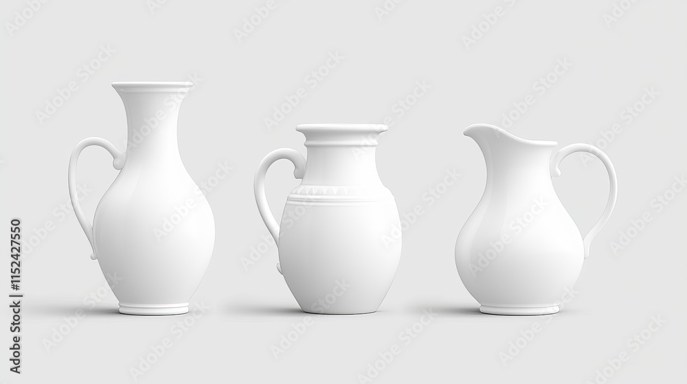 White ceramic vases set isolated on background. Vector realistic illustration of 3D clay bottle, jar, jug shape plastic urns, craft pottery mockups, home interior design elements, decor collection White ceramic vases set isolated on background. Vector realistic illustration of 3D clay bottle, jar, jug shape plastic urns, craft pottery mockups, home interior design elements, decor collection