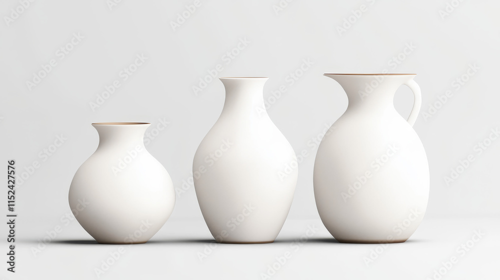 White ceramic vases set isolated on background. Vector realistic illustration of 3D clay bottle, jar, jug shape plastic urns, craft pottery mockups, home interior design elements, decor collection White ceramic vases set isolated on background. Vector realistic illustration of 3D clay bottle, jar, jug shape plastic urns, craft pottery mockups, home interior design elements, decor collection
