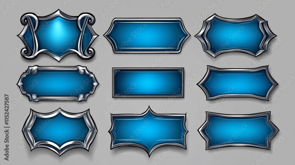 Fantasy buttons with silver frames for rpg game. Vector game user interface elements different shapes. Cartoon set of blank old blue banners with fancy metal borders isolated on background Fantasy buttons with silver frames for rpg game. Vector game user interface elements different shapes. Cartoon set of blank old blue banners with fancy metal borders isolated on background