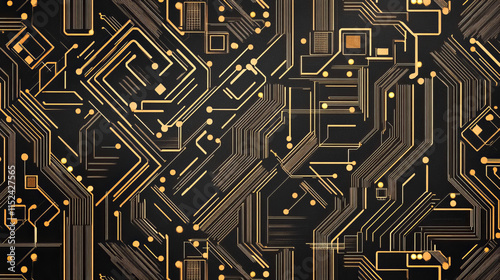 Abstract electronics technology background. Golden circuit lines, computer motherboard elements on a dark tech bg. Luxury circuit pattern. Ai chip, semiconductor concept. Digital vector illustration. photo