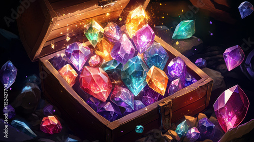 Treasure chest and bag with gem stones game icons. Wooden trunk or sack with blue crystals. Trophy growth, level reward, pirate loot, fantasy assets, gui elements, Cartoon vector illustration, set