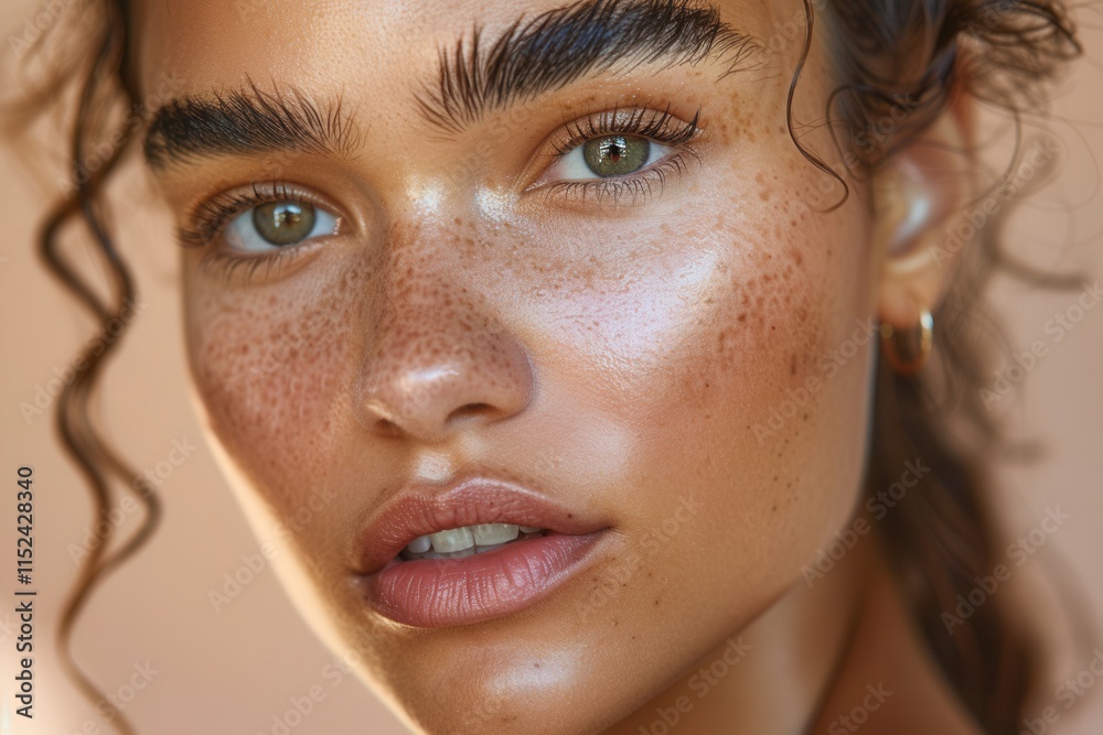 Close-up portrait of a woman with striking features and natural beauty in soft lighting Close-up portrait of a woman with striking features and natural beauty in soft lighting