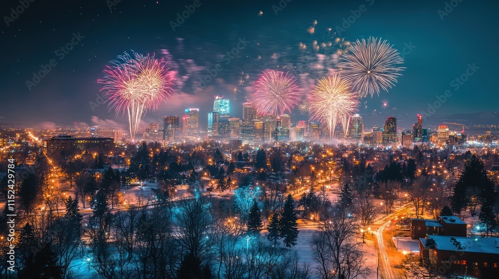 Fototapeta premium Fireworks explode over snowy city skyline at night.