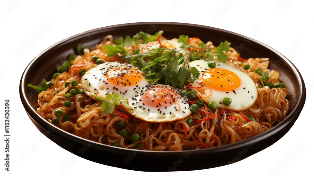 A bowl of traditional Japanese soba noodles served with a flavorful broth, highlighting authentic cuisine, studio view, isolated on transparent background. A bowl of traditional Japanese soba noodles served with a flavorful broth, highlighting authentic cuisine, studio view, isolated on transparent background.