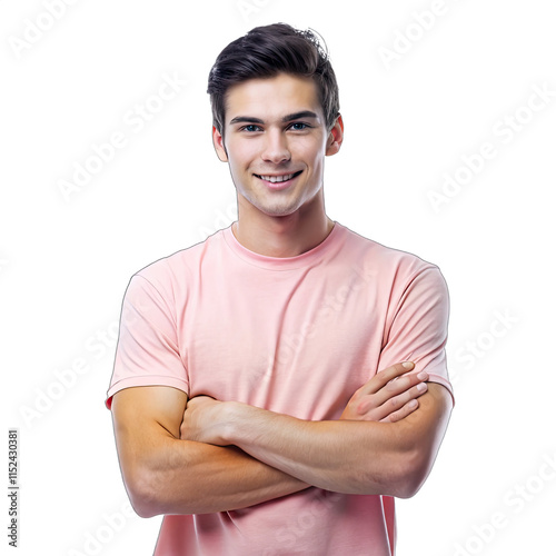 A young man is smiling while standing with his arms crossed wearing a soft pink t shirt showcasing a relaxed expression in a well lit studio