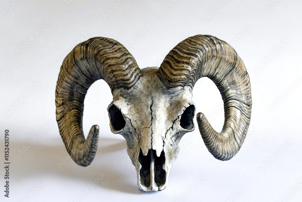 A ram's skull is depicted on a clean white surface A ram's skull is depicted on a clean white surface