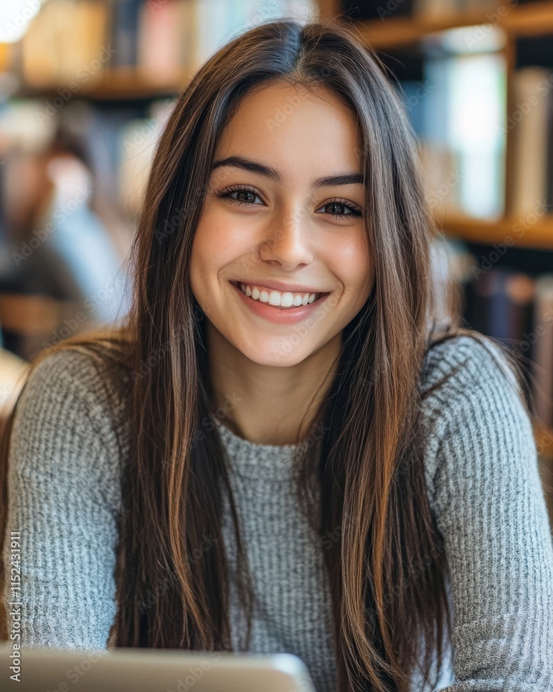 A smiling young woman with long hair sits at a table studying in a lively library A smiling young woman with long hair sits at a table studying in a lively library