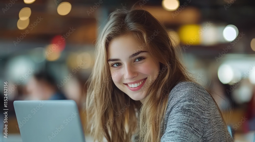 A young woman enjoys her time working on a laptop in a lively cafe filled with patrons A young woman enjoys her time working on a laptop in a lively cafe filled with patrons