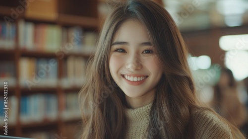 A smiling young woman stands in a library, surrounded by shelves filled with books and soft light