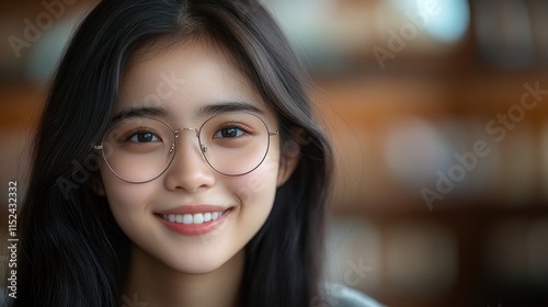 Bright smile of a young woman in glasses against a blurred indoor background, conveying happiness and warmth