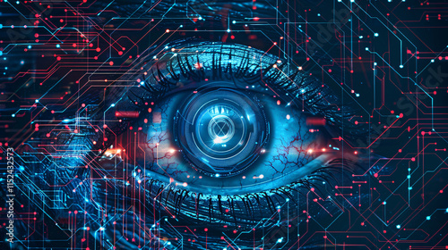 Techno Vision: Abstract Digital Eye Icon in Circuit Patterns, Symbolizing Attention and Technology Convergence for Tech Messaging