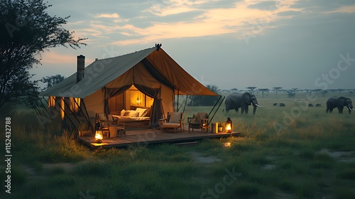 Luxurious safari tent at sunset with elephants in the background.