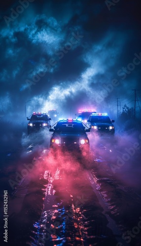 Dramatic nighttime police chase with vehicles surrounded by fog, capturing urgency and excitement photo
