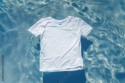 A lone white t-shirt floats on the surface of a pool of water, perhaps lost or abandoned photo
