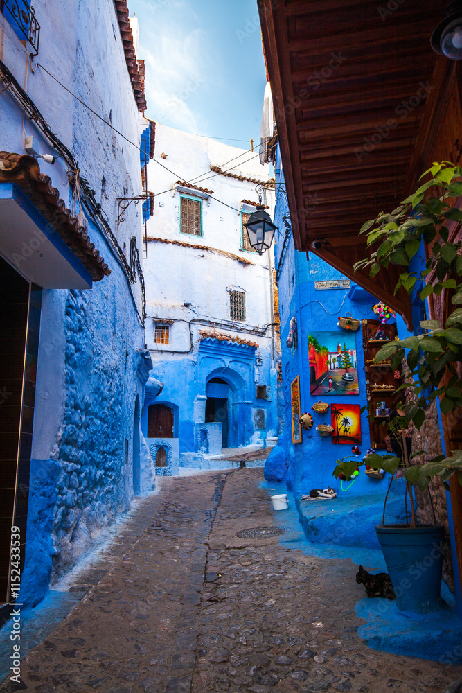 Fototapeta premium narrow street in a blue-washed town Chefchaouen, featuring colorful buildings, a street lamp, and a glimpse of local life