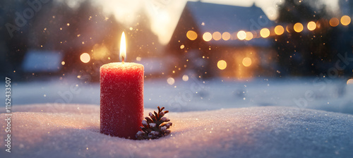 Cozy winter scene with candlelight, snow, and pinecone in a festive setting, warm bokeh background photo