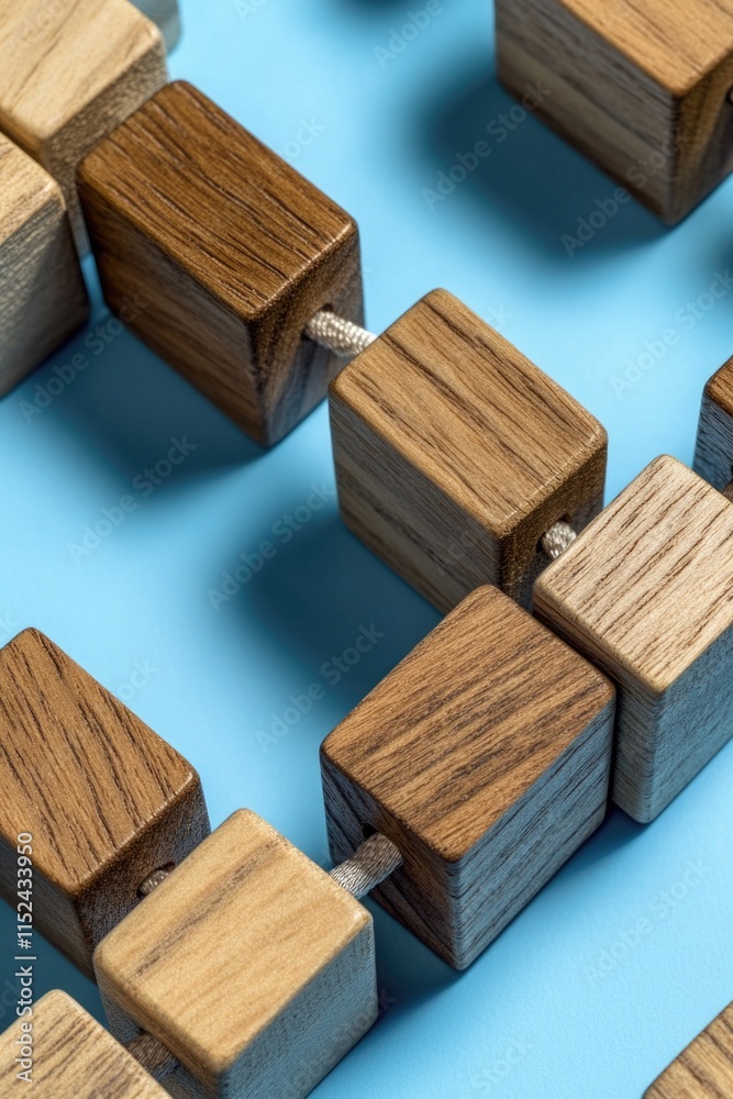 A collection of wooden blocks arranged on a blue surface, perfect for use in designs related to childhood, construction, or creativity