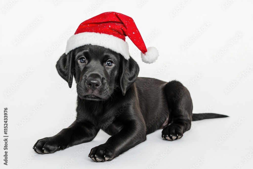 A black dog wearing a festive Santa hat sits on a white background, perfect for holiday-themed illustrations and designs A black dog wearing a festive Santa hat sits on a white background, perfect for holiday-themed illustrations and designs