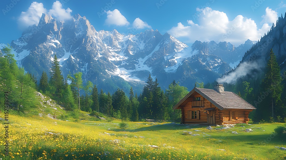 Idyllic wooden cabin nestled in a vibrant alpine meadow, majestic mountains in the background under a bright sunny sky. Idyllic wooden cabin nestled in a vibrant alpine meadow, majestic mountains in the background under a bright sunny sky.