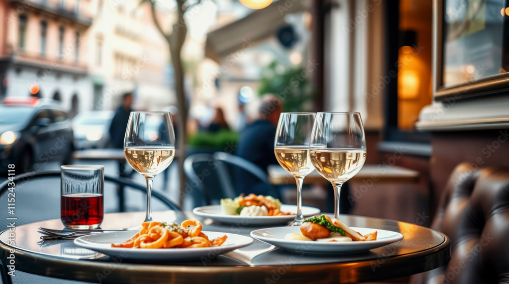 Outdoor cafe table with glasses of white wine and plates of gourmet food on a city street