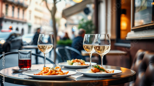 Obraz na płótnie Outdoor cafe table with glasses of white wine and plates of gourmet food on a city street w salonie