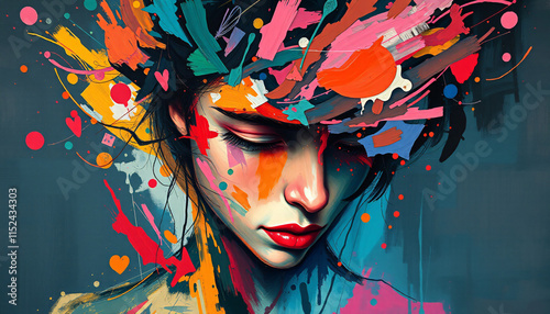 An abstract painting of a woman in despair, surrounded by a vibrant and chaotic interplay of colors and textures that convey the complexity of emotions tied to mental health, wirling forms, fragmented photo