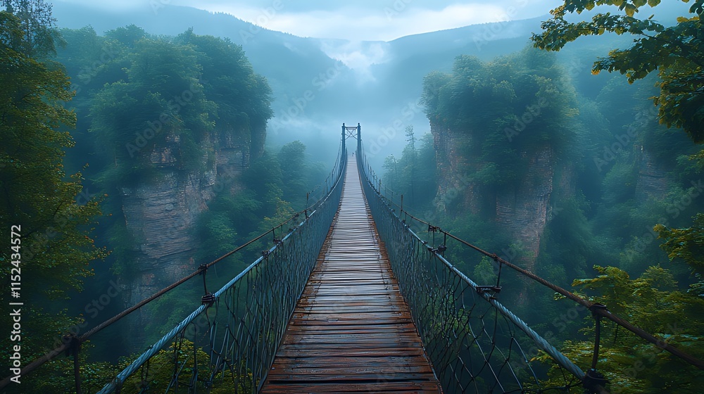 Fototapeta premium Misty mountain valley with suspension bridge.