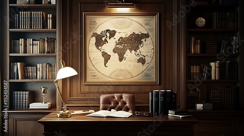 Elegant Study with World Map and Leather Chair