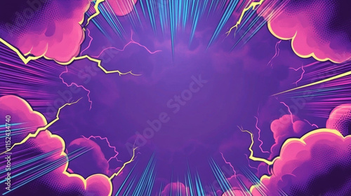 Blank comic cartoon purple background with thunder lightning. empty dialog background thunder lightning. Comic background cartoon style, Abstract creative concept comic pop art style blank layout.