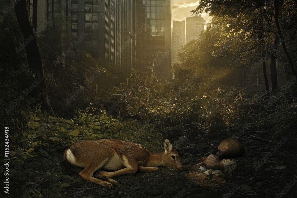 Fototapeta premium A deer lying down in a green meadow