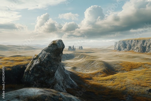 A large rock situated in the middle of an open field, surrounded by green grass and blue sky