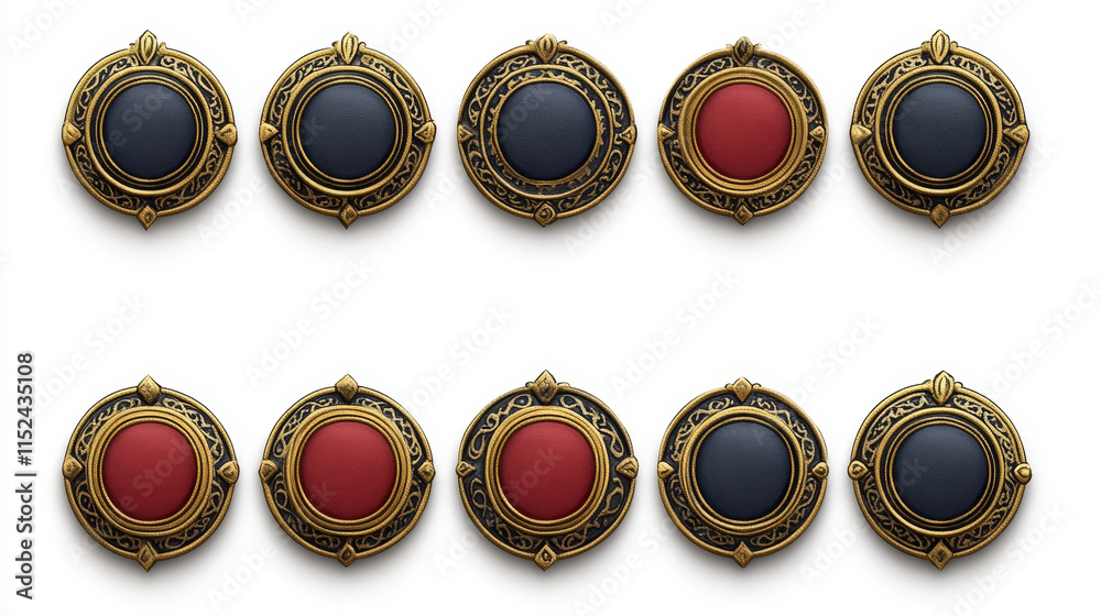 Pink game achievement badges, circle buttons with golden frames. Vector cartoon set of round award labels with gold border in medieval style isolated on background Pink game achievement badges, circle buttons with golden frames. Vector cartoon set of round award labels with gold border in medieval style isolated on background