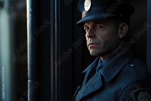 A police officer gazes out of a window, possibly on patrol or investigating photo